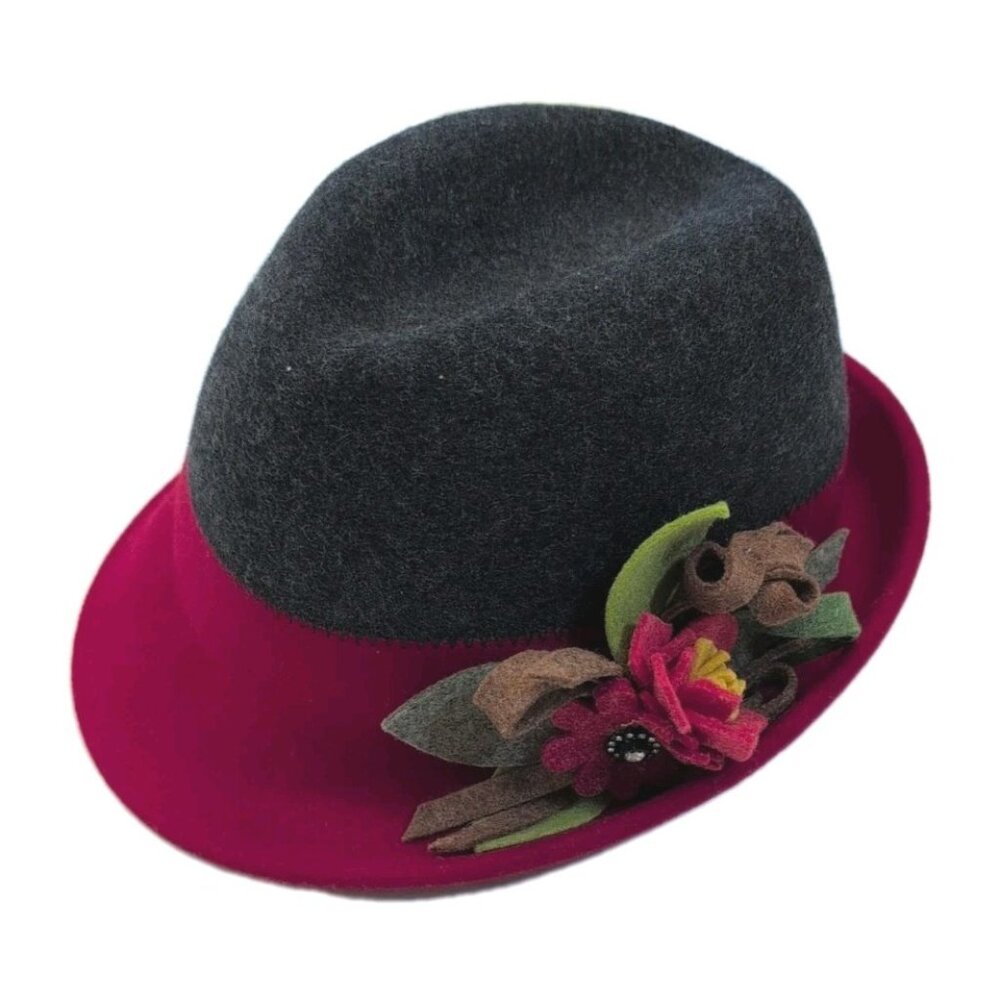 Callanan Millinery Red & Gray Wool Hat with Felt Flowers - Limited Edition